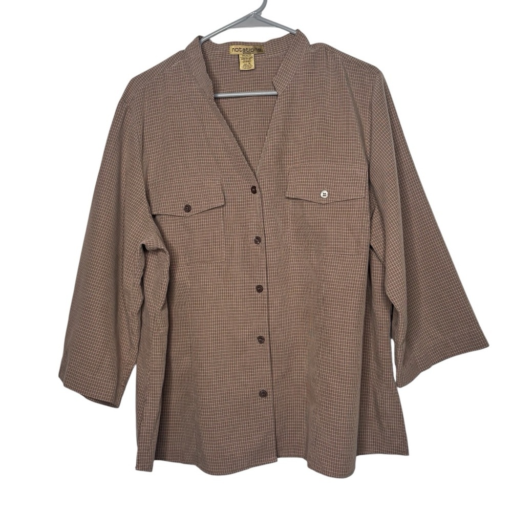 Notations Woman 1X Brown Plaid 3/4 Sleeve Button Down Blouse Top Office